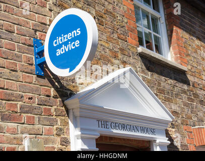 Entrance sign to Citizens Advice Bureau, The Georgian House, Swan Mews, Leatherhead, Surrey, England, United Kingdom Stock Photo
