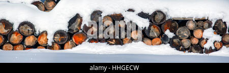 The logs woodpile in the snow in winter. Rural winter scene. Panorama HDR - high dynamic range. Stock Photo
