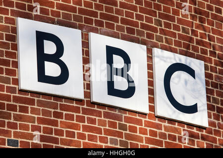 NORWICH, UK - JANUARY 17TH 2017: The BBC logo on the exterior of their BBC East headquarters at The Forum in Norwich, UK. Stock Photo