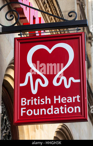 NORWICH, UK - JANUARY 17TH 2017: The British Heart Foundation sign outside one of their charity shops in Norwich. Stock Photo