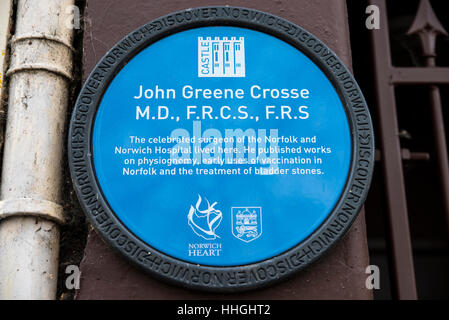 NORWICH, UK - JANUARY 17TH 2017: A blue plaque marking the location where celebrated surgeon John Greene Crosse once lived. Stock Photo