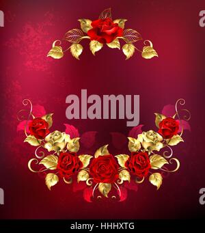 symmetrical garland of gold jewelry and passionate red roses on a textured red  background. Floral Frame. Design of roses. Stock Vector