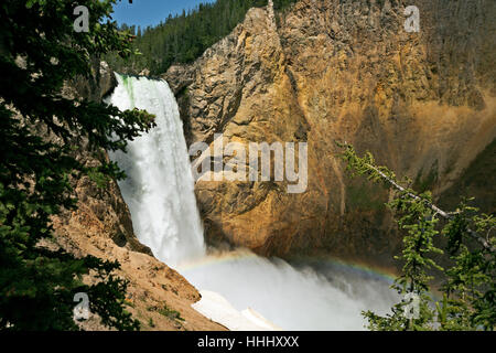 Rainbow at base of Lower Falls from Uncle Tom's Trail in the Grand Canyon of the Yellowstone River; Yellowstone National Park. Stock Photo