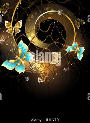 Flying on the luminous spiral, gold and turquoise butterflies on a black background. Design with butterflies. Golden Butterfly. Stock Vector
