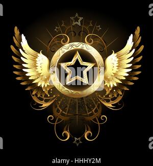 gold star with a circular banner, decorated with golden wings and a pattern on a black background Stock Vector