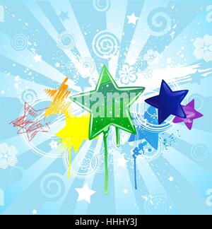 stars: red, yellow, orange, green, blue and purple, carelessly painted different colors: gel, watercolor, pastel, radiant in a blue background. Stock Vector