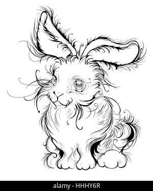 artistically painted in smooth black lines, stylized fluffy bunny with big ears, a white background. Stock Vector