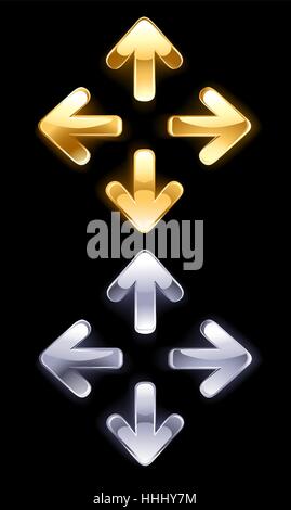 Arrow symbols of shiny gold and silver on a black background. Stock Vector