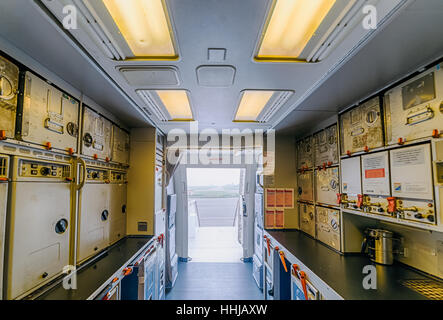 Boeing 767. Inside the cabin . View from the kitchen to the main entrance to the salon . Russia. Siberia. Irkutsk . Stock Photo