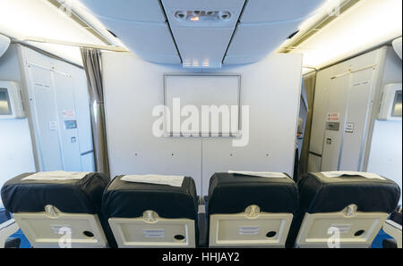 Boeing 767. Inside the cabin . View on the screen from the side of the cabin. Russia. Siberia. Irkutsk . Stock Photo