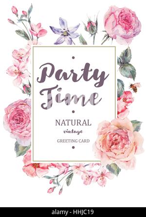 Vertical frame vector card with pink blooming english roses Stock Vector
