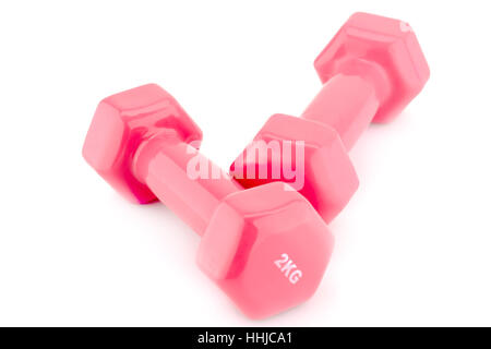Two plastic coated dumbells isolated on white background. Stock Photo