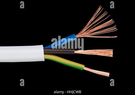 Electrical power cable IEC standard on black background. Cross-section. Cable jacket, wire insulation. Stock Photo