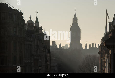 The Palace of Westminster as viewed from Whitehall, in Westminster, London during a cold start to the day after overnight temperatures in the south-east of England dropped below freezing. Stock Photo