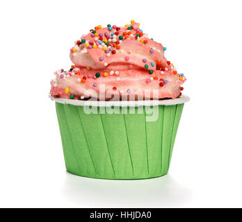 birthday cupcake with butter cream icing isolated on white. Stock Photo