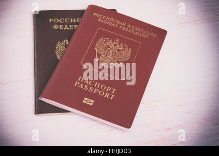 two russian passports on wood background. Close up Stock Photo