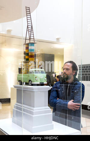 London, UK. 19 January 2017. Artist Damian Ortega with his artwork. Artists Damian Ortega, Heather Phillipson, Michael Rakowitz and Shuddhabrata Senguppta from Raqs Media Collective join Justine Simons, Deputy Mayor for Culture and Creative Industries, and Ekow Eshun, Chair of the Fourth Plinth Commission Panet, at the press preview for the Shortlist Exhibition. Maquettes of the shortlisted works are on display at the National Gallery until 26 March 2017. The proposals on display are Untitled by Huma Bhabha, High Way/Higher by Damian Ortega, The End by Heather Phillipson, The Invisible Enemy S Stock Photo