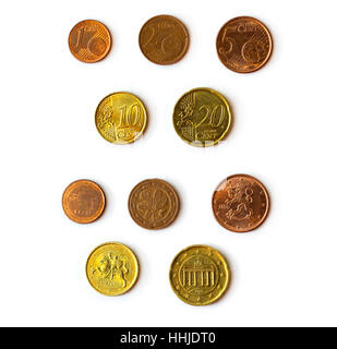 Euro cent coins, set of coins denominations 1, 2, 5, 10, 20 euro cent, heads and tails. Symbol of European currency to wealth and investment. Money of Stock Photo