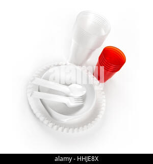 disposable plastic tableware isolated on white background Stock Photo
