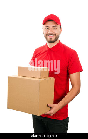 delivery service - young courier holding cardboard box Stock Photo