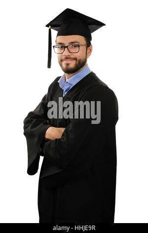 student graduate wearing gown and cap isolated on white background Stock Photo