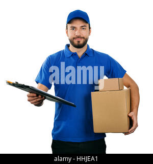 deliveryman with boxes and clipboard isolated on white background Stock Photo