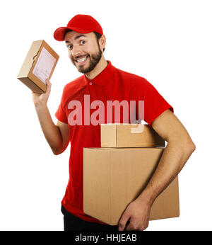 funny delivery service man with boxes isolated on white background Stock Photo