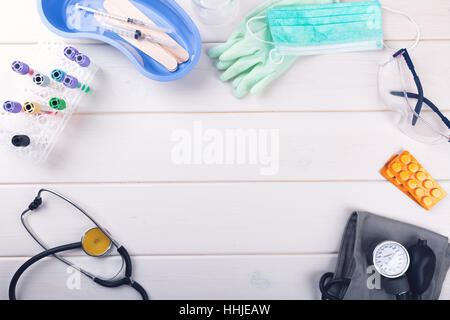 medical equipment with copy space on white table. top view Stock Photo