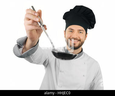 cook man with ladle in hand isolated on white background Stock Photo