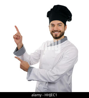 chef man showing or presenting something isolated on white Stock Photo