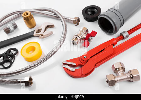 plumbing tools and equipment on white background Stock Photo