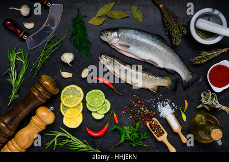 Two trout fishes on dark background with herbs, seasoning and spices. Cooking ingredients and utensils Stock Photo