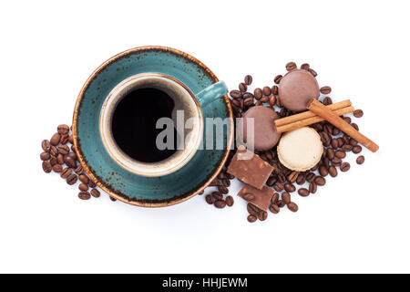Coffee cup, beans, chocolate, macaroons. Isolated on white background. Top view Stock Photo