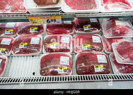 Marked down meat on display at Food Basics store in Lindsday, Ontario, Canada Stock Photo