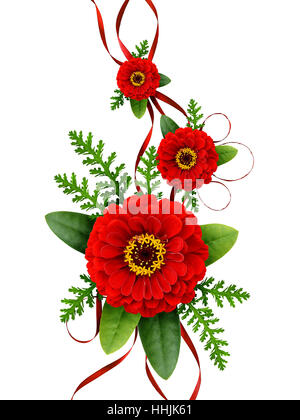Arrangement with red zinnia flowers and silk ribbons isolated on white Stock Photo