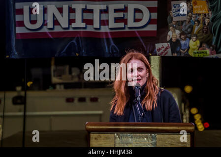 New York, USA. 19th January 2017. Julianne Moore - On the evening before Trump’s Inauguration, NYC Mayor Bill de Blasio, Reverend Al Sharpton, Mark Ruffalo, Michael Moore, Shailene Woodley, Rosie Perez, and Alec Baldwin will be joined by elected officials, community groups and organizations, and thousands of New Yorkers outside of Trump International Hotel & Tower near Columbus Circle to stand united and make clear to President Elect Trump and Congress that New York City will protect the rights of residents Credit: PACIFIC PRESS/Alamy Live News Stock Photo