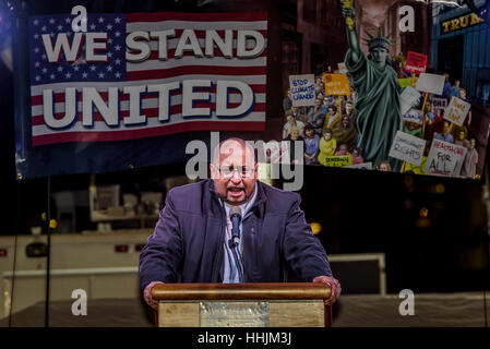 New York, USA. 19th January 2017. On the evening before Trump’s Inauguration, NYC Mayor Bill de Blasio, Reverend Al Sharpton, Mark Ruffalo, Michael Moore, Shailene Woodley, Rosie Perez, and Alec Baldwin will be joined by elected officials, community groups and organizations, and thousands of New Yorkers outside of Trump International Hotel & Tower near Columbus Circle to stand united and make clear to President Elect Trump and Congress that New York City will protect the rights of residents Credit: PACIFIC PRESS/Alamy Live News Stock Photo