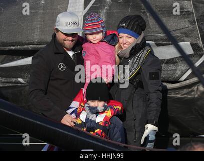 British sailor Alex Thomson with his wife Kate, daughter Georgia and son Harry after coming in second in the Vendee Globe race at Les Sables d'Olonne, western France. Stock Photo