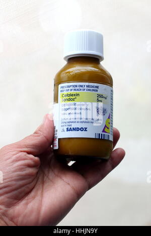 Hand Holding Cefalexin Sandoz antibiotic Stock Photo