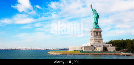 Panorama on the Statue of Liberty and the Skyline of Manhattan, New York City, United States Stock Photo