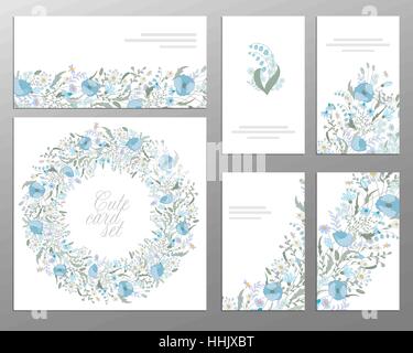 set of vector floral designs: business cards, seamless pattern, beautiful illustration frame. Cute hand drawing flowers on card Stock Vector