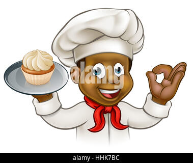 A cartoon black pastry chef or baker character holding a plate with a cupcake or fairy cake on it Stock Photo