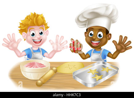 Cartoon boys, one black one white, dressed as chefs or bakers baking cakes and cookies Stock Photo