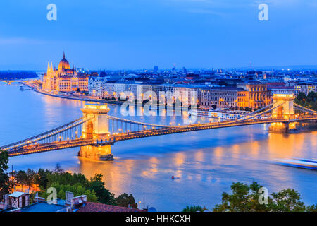 Budapest, Hungary. The chain bridge over river Danube and famous building of Parliament. Stock Photo