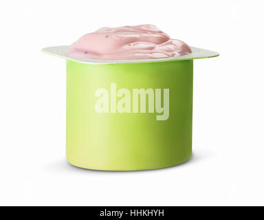 strawberry yogurt in green plastic cup on white background. Stock Photo