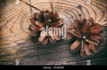 Pine cones on wooden background close up Stock Photo