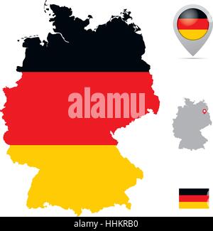 Germany map in national flag colors, flag, marker and location of its capital Berlin. Stock Vector