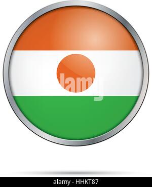 Vector Nigeran flag button. Niger flag in glass button style with metal frame Stock Vector