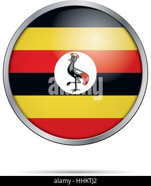 Vector Ugandan flag button. Uganda flag in glass button style with metal frame Stock Vector