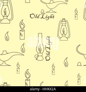 Old light sources seamless pattern on beige yellow background. Vector illustration. Oil lamp, candle, fire. Stock Vector